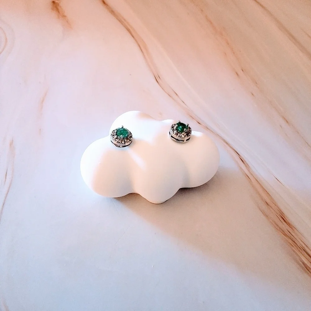 Emerald & White Topaz Sterling Silver Halo Stud Earrings